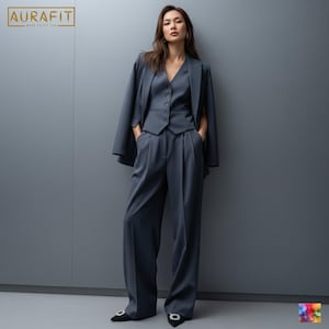 Women&#39;s Charcoal Solid Wide-Leg Pantsuit | Custom-Tailored | Perfect for Weddings, Cocktails, Prom, Office Wear & Business Meetings