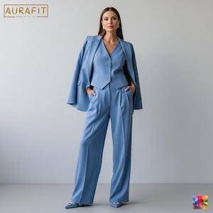 Women&#39;s Powder Blue Wide-Leg Pantsuit | Custom-Tailored | Perfect for Weddings, Cocktails, Prom, Office Wear & Business Meetings