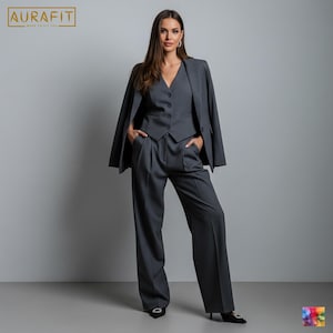 Women&#39;s Charcoal Grey Wide-Leg Pantsuit | Custom-Tailored | Perfect for Weddings, Cocktails, Prom, Office Wear & Business Meetings