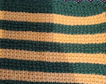 Tunisian crochet scarf, green and butter yellow