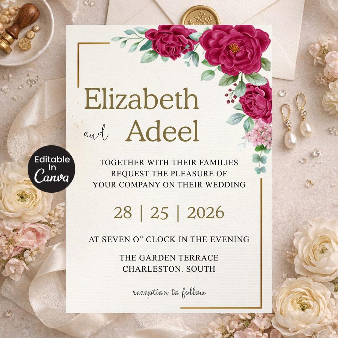 Editable Red Roses Wedding Invitation Template | Romantic Floral ...