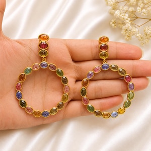 Brincos pendentes em formato de coração prismático, turmalina multicolorida, joia marcante em ouro