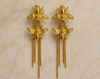 Gold Bee Tassel Earrings, Honeybee Statement Drop Earrings, Gold Plated Brass Fringe Earrings, Nature Inspired Jewelry Gift