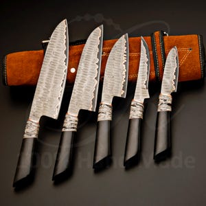 Ensemble de couteaux de chef, en acier damassé cuivré, 5 pièces, style japonais