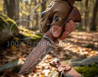 Cuchillo de caza de Damasco de cobre hecho a mano / Cuchillo Bobcat con patrón de gotas de lluvia / Mango de palisandro / Regalo personalizado para él / Hoja de coleccionista