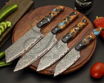 Handmade Copper Damascus Chef Knife Set 4-Pieces, Turkish Resin Handel