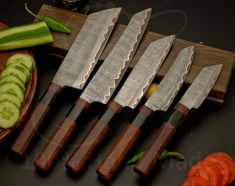 chef knives set Handmade Copper Wave Damascus Kitchen Knife Set, Octagon  Wooden Handle, 5 Piece