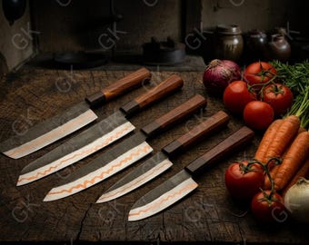 CUSTOM HAND FORGED Damascus Steel Chef's Knives Set, Copper Chef Knifes, Damascus Kitchen Knife Set,Groomsmen, Anniversary, Birthday Gifts