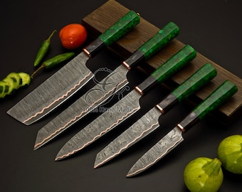 Personalized Handmade Copper Damascus Chef Knife Set, Octagon Resin Handle, San Mai Steel