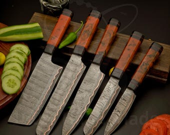 Handmade Copper Damascus Kitchen Knife Set | 5 Piece Razor Sharp Culinary Tools