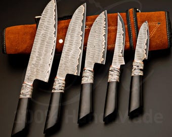 Handgefertigtes Kochmesserset, personalisierte Kupferdamast Küchenmesser Set mit 5 Teilen, Kochmesserset, Geschenk für Ihn, Weihnachtsgeschenke Weihnachten.
