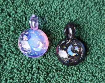 Glass Star & Moon Opals in Pendant you pick background color ZU Glass Pyrex USA