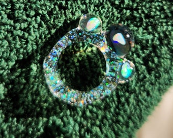 Opal Flake Band Glass Ring with 3 Opals in Marbles Pyrex ZU Glass USA
