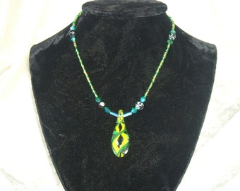 ZU Glass Green Yellow and Black Lattichino Pendant on Beaded Necklace