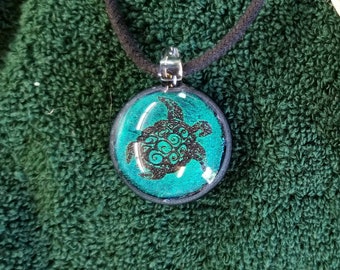 Sea Turtle  Dichroic Image Pendant by ZU Glass