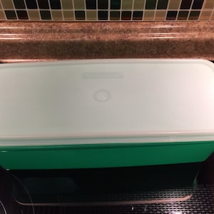 May include: A green rectangular plastic container with a white lid. The lid has a small circular indentation in the center.