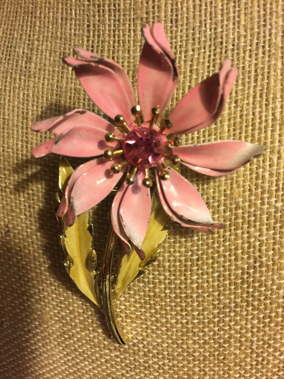 Vintage Enamel Pink Flower with Pink Rhinestone Ce