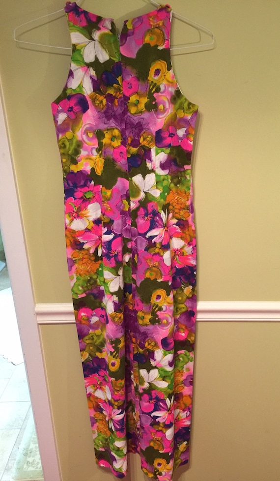 Women’s XS Pink Purple Floral Mod Maxi Dress 1960… - image 1