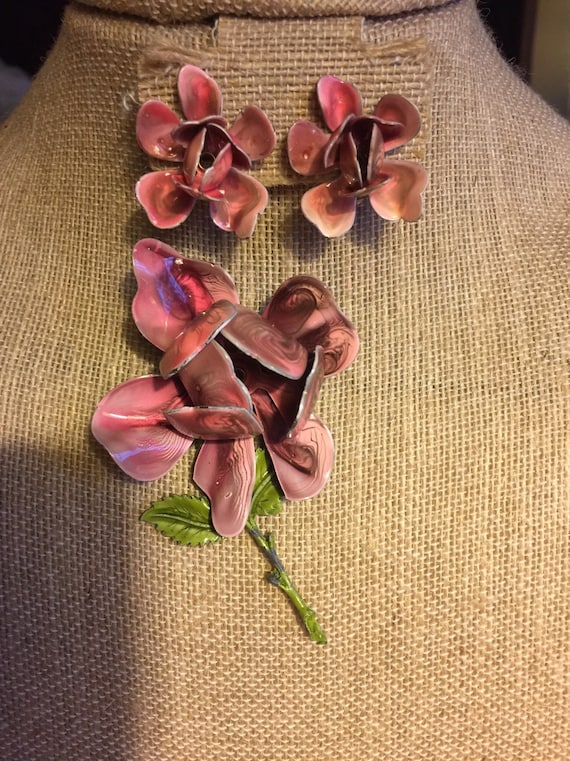 Vintage Pink Enameled Rose Flower Pin & Clip Earri