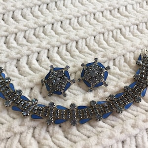 Vintage Weiss Blue Rhinestone and Enameled Demi Parure Bracelet and Earrings