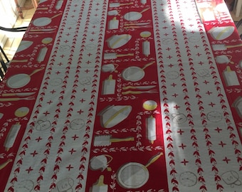 Vintage Calaprint Red/White/Yellow Kitchen Tablecloth w/kitchen serveware