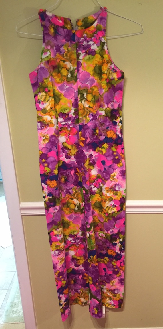 Women’s XS Pink Purple Floral Mod Maxi Dress 1960… - image 2