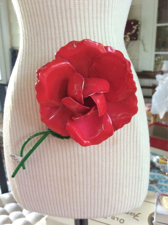 Vintage Enameled Red Rose Brooch