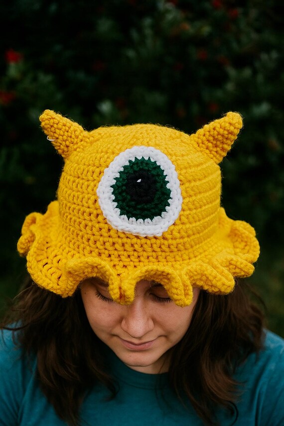 Handmade Cyclops Crochet Bucket Hat – Yellow With Ruffles  display picture 1