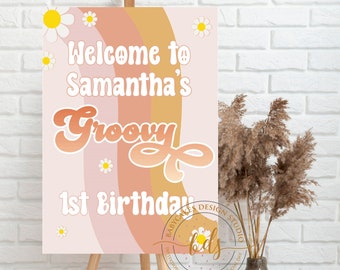 Groovy One Birthday Welcome Sign, digital, printable, editable