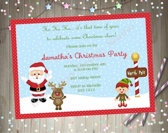 kids holiday party invitation christmas party invite printable santa reindeer elf
