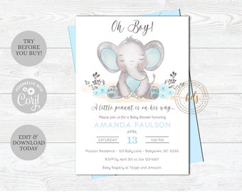 Editable Boy Elephant Baby Shower Invitation, Invite, Baby Sprinkle, Digital, printable, paperless post