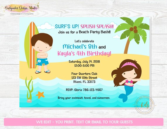 Surfer and Mermaid Beach Party Invitation, Invite, Digital, Printable - CHOOSE Your Boy and Girl Il_570xn