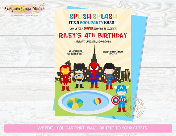 Superhero pool party invitation, Invite, superhero birthday Party Invitation, Digital, Printable Il_570xn