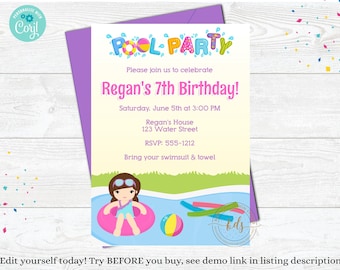 Editable Pool Party Birthday Invitation, Invite, digital, printable