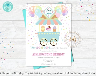 Editable Ice Cream Birthday Invitation: Pastel Party (Digital)