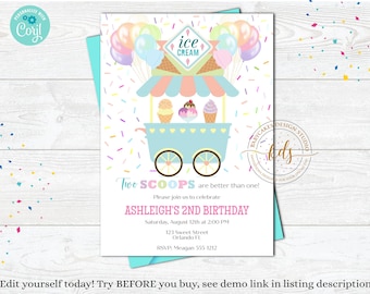 Editable Ice Cream Party Birthday Invitation, Pastel Ice Cream Party, Invite, digital, printable, paperless post