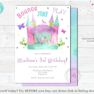 Bounce House Birthday Invitation, invite, pastel, jump, Castle, Butterfly, Digital, Printable, Instant Download