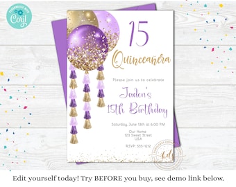 Editable Quinceanera Birthday Party  Invitation, invite, 15th Birthday, Digital, Printable, Instant Download