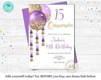 Bewerkbare Quinceanera verjaardagsfeestje uitnodiging, uitnodigen, 15e verjaardag, digitaal, afdrukbaar, Instant Download