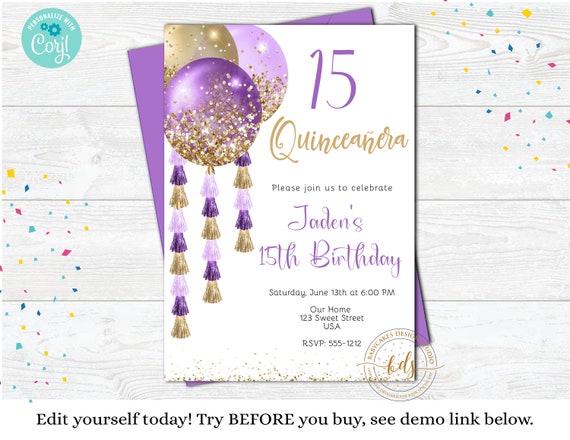 Editable Quinceanera Birthday Party Invitation, invite, 15th Birthday, Digital, Printable, Instant Download Il_570xn