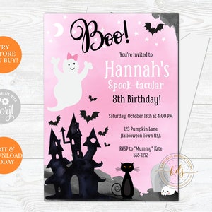 Cute Pink Ghost Halloween Birthday Party Invitation, Invite, Printable, Digital, paperless post image 1