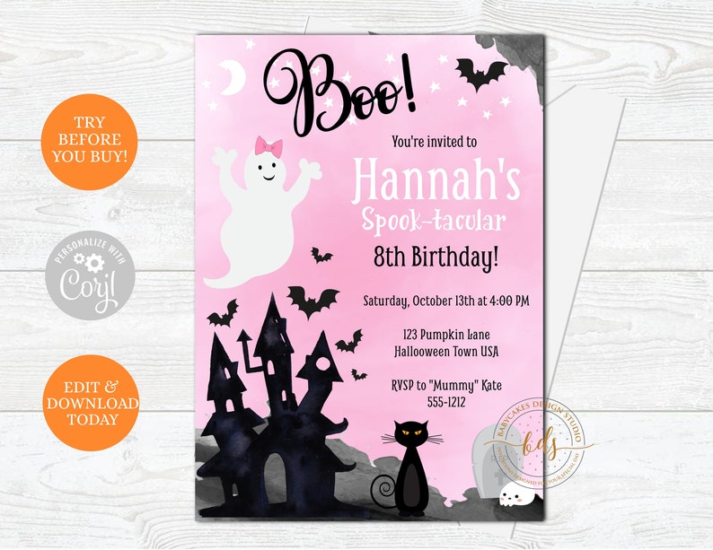 Cute Pink Ghost Halloween Birthday Party Invitation, Invite, Printable, Digital, paperless post image 1