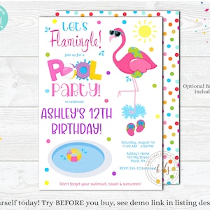 May include: A pool party invitation featuring a pink flamingo wearing sunglasses, a yellow sun, a swimming pool, and colorful polka dots. The text reads Let's Flamingle! Pool Party, Ashley's 12th Birthday, date, time, location, and RSVP details.