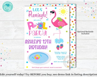 May include: A pool party invitation featuring a pink flamingo wearing sunglasses, a yellow sun, a swimming pool, and colorful polka dots. The text reads Let's Flamingle! Pool Party, Ashley's 12th Birthday, date, time, location, and RSVP details.
