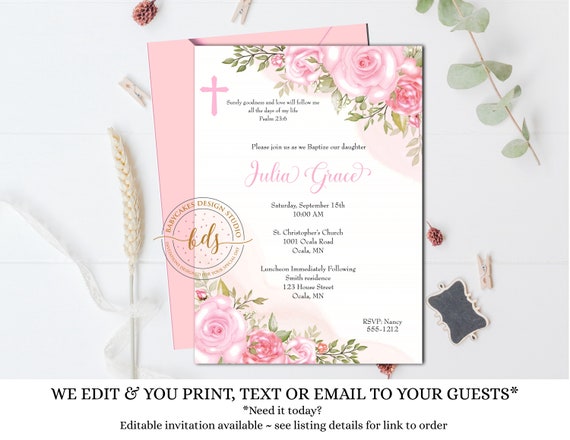Pink Floral Baptism Invitation, Invite, Digital, Printable Il_570xn
