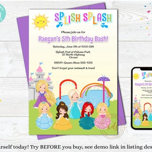 Editable Princess Splash Pad Birthday Invitation, Invite, digital, printable, paperless post