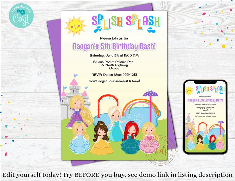 May include: A printable invitation for a 5th birthday party with a princess and water park theme. The invitation features a cartoon illustration of a water park with a rainbow, a splash pad, and princesses. The text on the invitation reads "Splish Splash Raegan's 5th Birthday Bash!" and includes the date, time, location, and RSVP information.