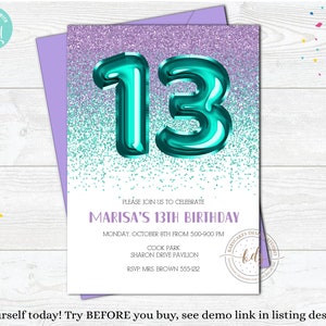May include: A white invitation card with a teal glitter background and a large teal number 13. The text on the card reads "Please join us to celebrate Marisa's 13th Birthday. Monday, October 8th from 5:00-9:00 PM. Cook Park, Sharon Drive Pavilion. RSVP: Mrs. Brown 555-1212."