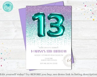 May include: A white invitation card with a teal glitter background and a large teal number 13. The text on the card reads "Please join us to celebrate Marisa's 13th Birthday. Monday, October 8th from 5:00-9:00 PM. Cook Park, Sharon Drive Pavilion. RSVP: Mrs. Brown 555-1212."