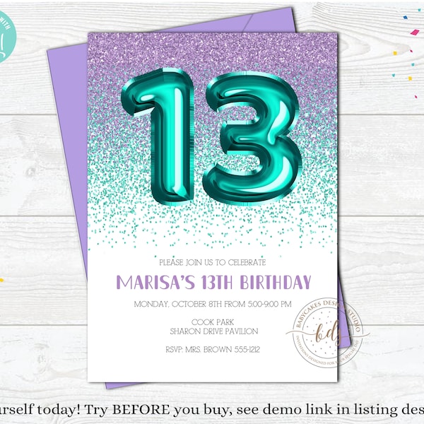 Teal 13th Birthday Invites - Etsy